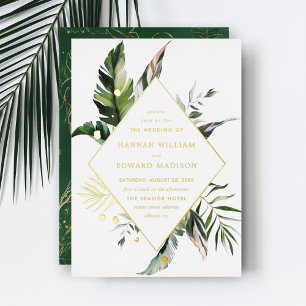 Tropische Watercolor Foliage Gold Frame Wedding Folieneinladung