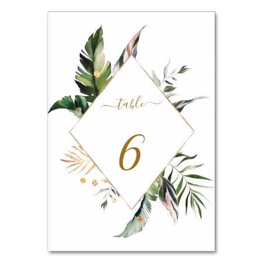 Tropische Watercolor Foliage Gold Frame Wedding Tischnummer (Vorderseite)