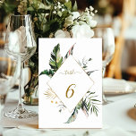 Tropische Watercolor Foliage Gold Frame Wedding Tischnummer<br><div class="desc">Diese Hochzeitskarte ist mit tropischem,  wasserfarbenem Blattwerk,  Palmenblättern,  Bananenblättern mit einem vergoldeten Rahmen in Diamantform ausgestattet. Es ist ideal für einen Strand,  Sommer oder Hochzeit in Urlaubsort. >>>> Karo aus der gesamten Auflistung >>> https://www.zazzle.com/collections/tropical_foliage_gold_collection-119316977990783186</div>