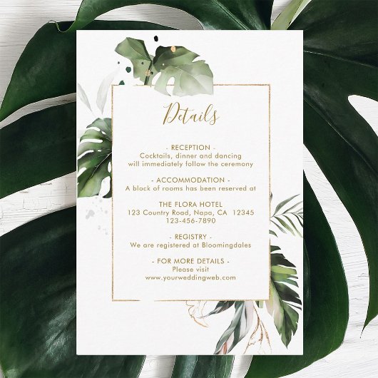 Tropische Watercolor Foliage Gold Hochzeitdetails Begleitkarte