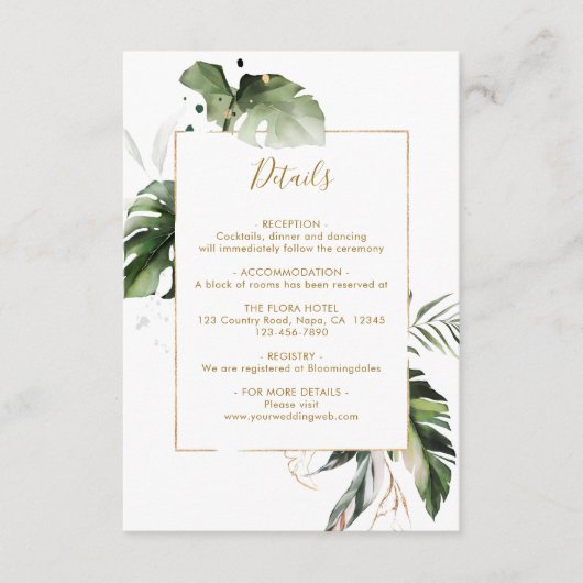 Tropische Watercolor Foliage Gold Hochzeitdetails Begleitkarte (Vorderseite)
