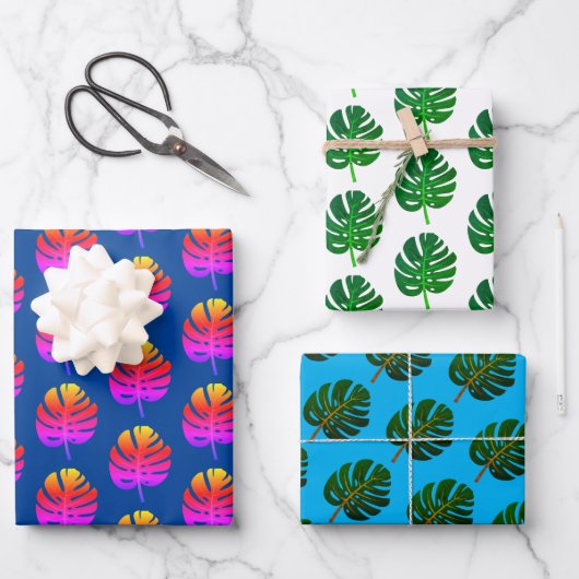 Tropische Weihnachten im Juli Monstera-Blattmuster Geschenkpapier Set (Vorderseite)