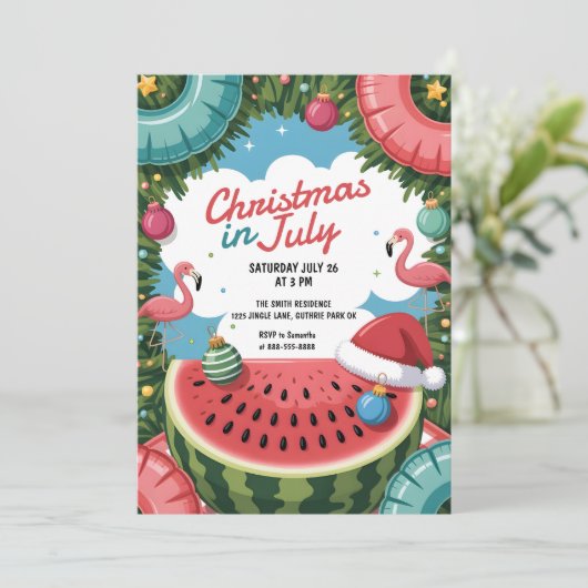 Tropische Weihnachten im Juli Pool Party Flamingo Einladung (Stehend Vorderseite)