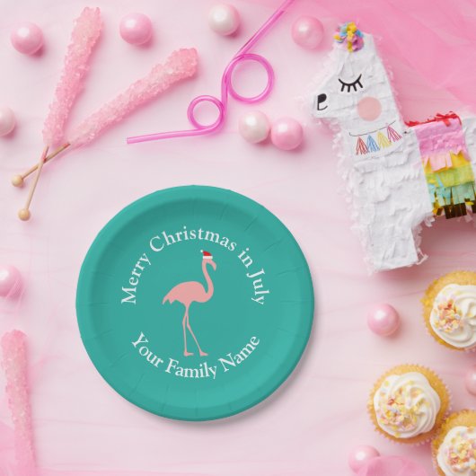 Tropische Weihnachten im Juli rosa Flamingo Santa Pappteller (Party)