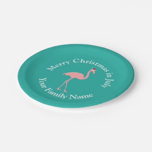 Tropische Weihnachten im Juli rosa Flamingo Santa Pappteller (Schrägansicht)