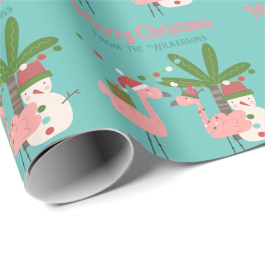 Tropische Weihnachten Pink Flamingos auf Aquamarin Geschenkpapier (Rolleneckpunkt)