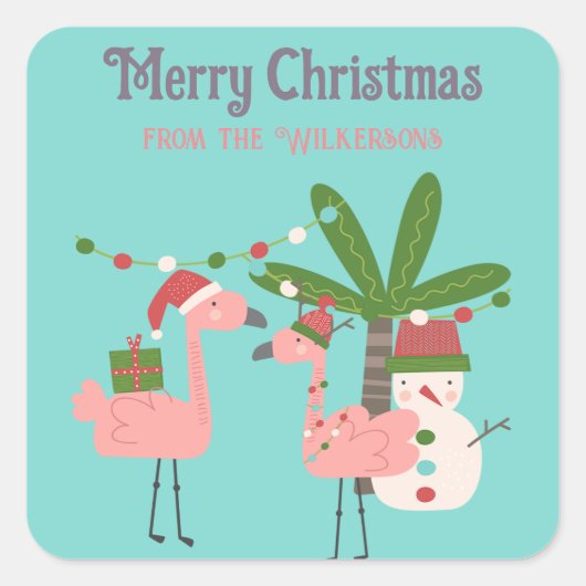 Tropische Weihnachten Pink Flamingos auf Aquamarin Quadratischer Aufkleber (Vorderseite)