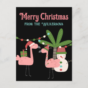 Tropische Weihnachten Pink Flamingos auf schwarz Postkarte