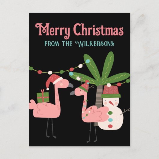 Tropische Weihnachten Pink Flamingos auf schwarz Postkarte (Vorderseite)