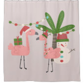 Tropische Weihnachten Rosa Flamingos auf Blush Duschvorhang (Vorderseite)
