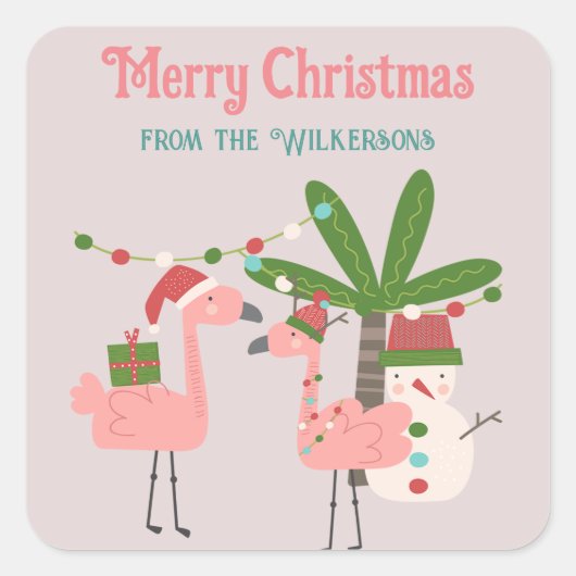 Tropische Weihnachten Rosa Flamingos auf Blush Quadratischer Aufkleber (Vorderseite)