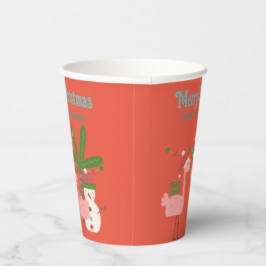 Tropische Weihnachten Rosa Flamingos auf Orange Pappbecher (Rechts)