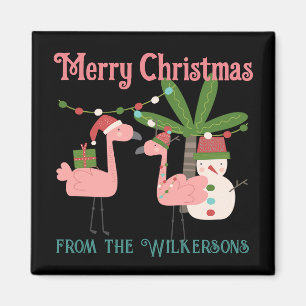 Tropische Weihnachts-Pink Flamingos auf Schwarz Magnet