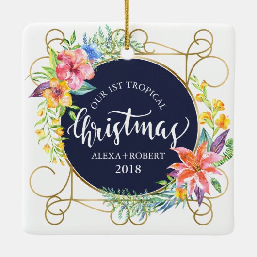 Tropische Weihnachtsbäume und Gold-Rahmen Keramikornament (Rückseite)