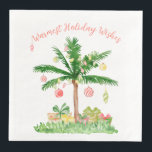 Tropische Weihnachtsbeleuchtung Koralle & Grüne Wa Serviette<br><div class="desc">Tropische Weihnachtsbeleuchtung Coral & Green Watercolor whimsical Urlaubsszene,  die die wärmsten Urlaubswünsche an jeden senden,  der diese farbenfrohe Serviette in den Farben Korallen,  Pfirsich und Grün. Die geschmückte Palme mit niedlichen bunten Lichtern und Geschenken unter ihnen ist Teil der Kollektion "Warmest Holiday Wishs".</div>