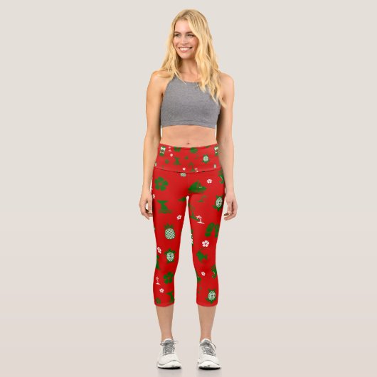 Tropische Weihnachtsfeier Tii Retro Rot Capri Leggings (Vorderseite)