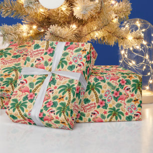 Tropische Weihnachtsflamingos und Palmen Geschenkpapier
