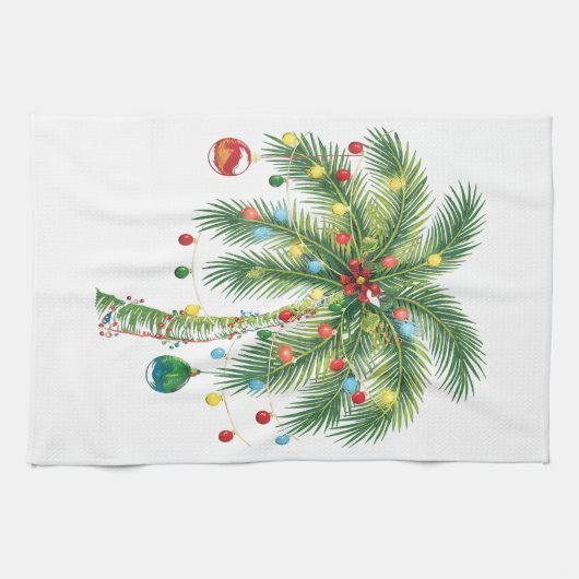 Tropische Weihnachtspalme mit Lichtern und Ornam Geschirrtuch (Horizontal)