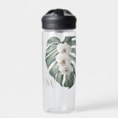 Tropische weiße Orchideen auf Monstera mit Monogra Trinkflasche (Vorderseite)