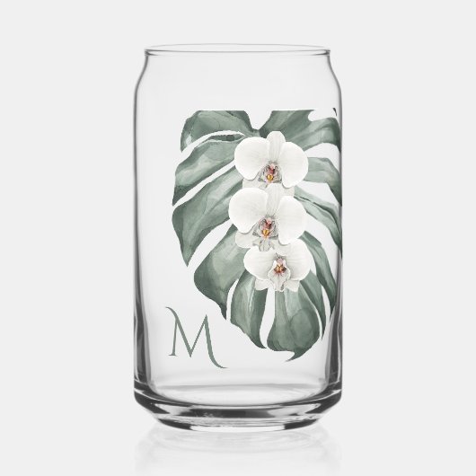 Tropische weiße Orchideen mit Monogramm Dosenglas (Vorderseite)