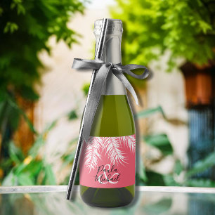Tropische weiße Palmen auf rosa Wedding Mini Schaumweinetikett