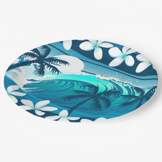 Tropische Welle mit Palmen Pappteller (Schrägansicht)