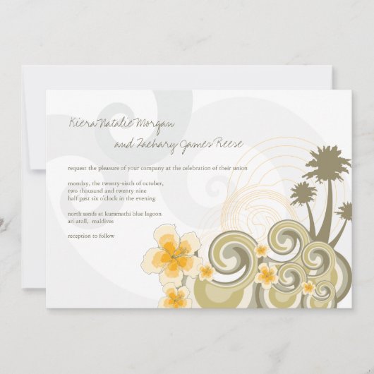 Tropische Wellen Gelbe Hibisken Hochzeit in Urlaub Einladung (Vorderseite)