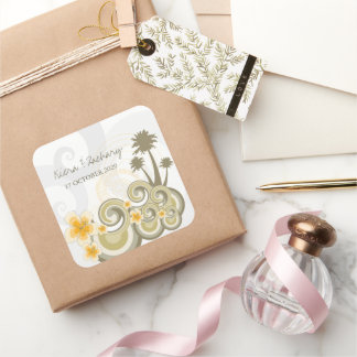Tropische Wellen Gelbe Hibisken Hochzeit in Urlaub Quadratischer Aufkleber