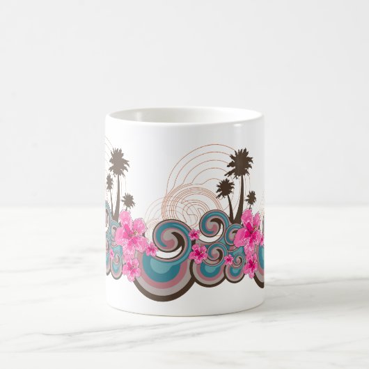 Tropische Wellen Hot Pink Hibiskus Beach Palmen Kaffeetasse (Mittel)