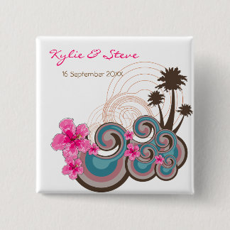 Tropische Wellen Rosa Hibiskus Hochzeit in Urlaubs Button