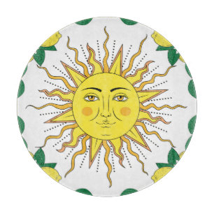 Tropische Zitronenfrüchte, Sonnen-Gesicht. Schneidebrett