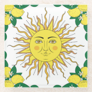 Tropische Zitronenfrüchte, Sonnengesicht. Glasuntersetzer