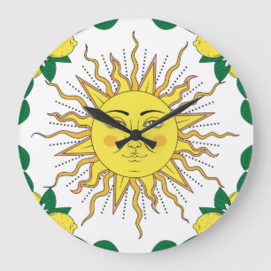 Tropische Zitronenfrüchte, Sonnengesicht. Große Wanduhr