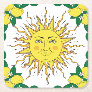 Tropische Zitronenfrüchte, Sonnengesicht. Rechteckiger Pappuntersetzer