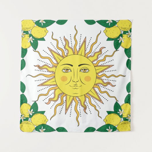 Tropische Zitronenfrüchte, Sonnengesicht. Wandteppich (Vorderseite)