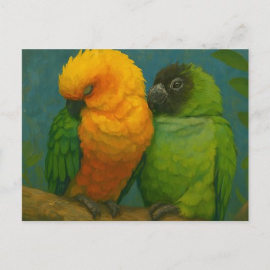 Tropische Zuneigung - Papageien im Waldlicht Postkarte (Vorderseite)