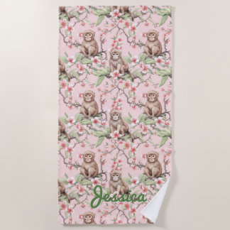 Tropischer Affe | Rosa Personalisiertes Badetuch