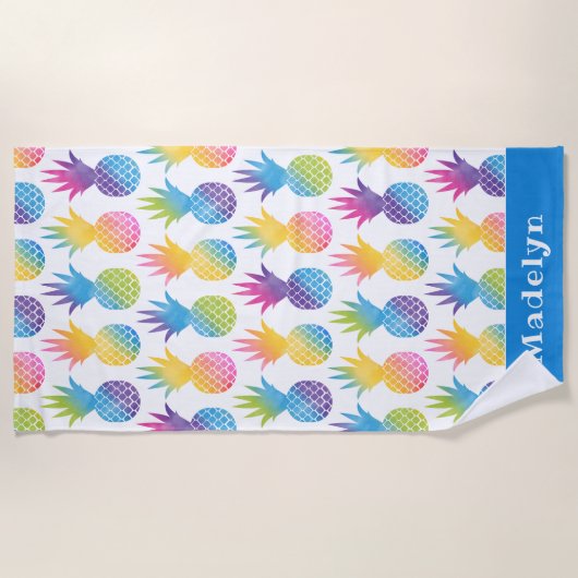 Tropischer Ananas Blue Watercolor Individuelle Nam Strandtuch (Vorderseite)