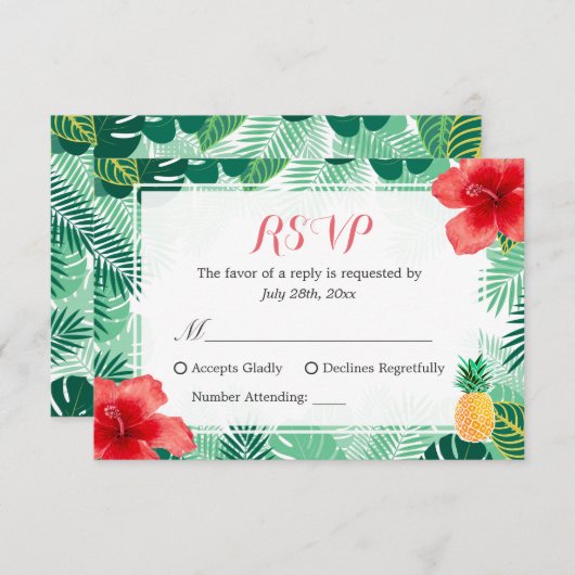 Tropischer Ananas-Hibiskus Blätter UAWG Response RSVP Karte (Vorne/Hinten)