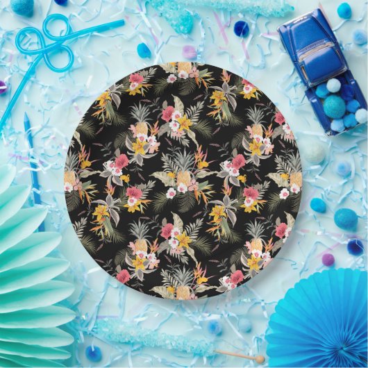 Tropischer Ananas-Hibiskus-Foliage auf Schwarz Pappteller (Party)