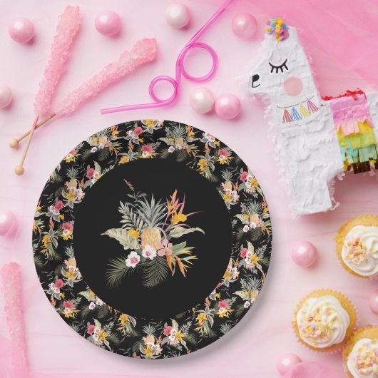 Tropischer Ananas-Hibiskus-Foliage auf Schwarz Pappteller (Party)