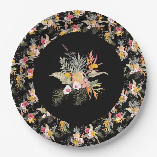 Tropischer Ananas-Hibiskus-Foliage auf Schwarz Pappteller (Vorderseite)