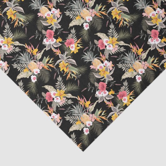 Tropischer Ananas-Hibiskus-Foliage auf Schwarz Seidenpapier (Ausschnitt)