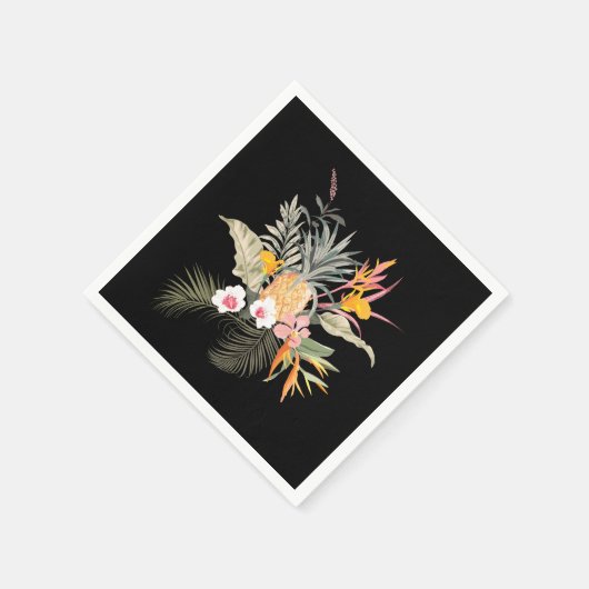 Tropischer Ananas-Hibiskus-Foliage auf Schwarz Serviette (Ecke)