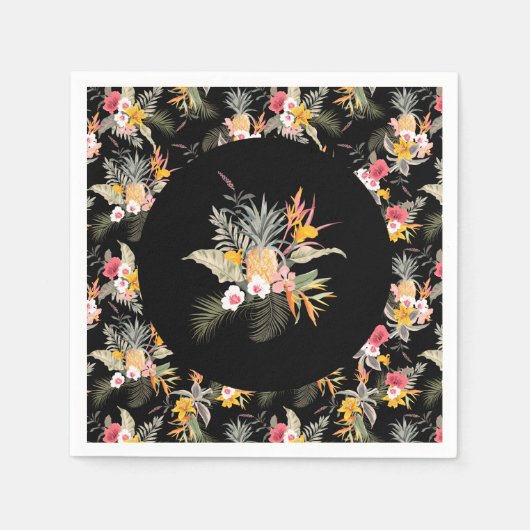 Tropischer Ananas-Hibiskus-Foliage auf Schwarz Serviette (Vorderseite)