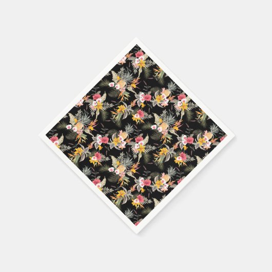 Tropischer Ananas-Hibiskus-Foliage auf Schwarz Serviette (Ecke)