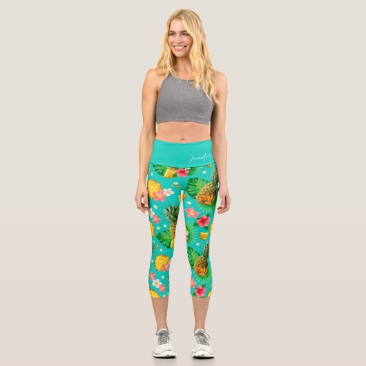 Tropischer Ananas Personalisierter Name Capri Leggings (Vorderseite)