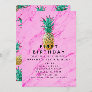 Tropischer Ananas Rosa Marmor 1. Geburtstag Party Einladung