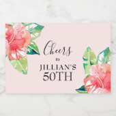 Tropischer Aquarell Rosa Hibiskus Blütenmini Schaumweinetikett (Einzelnes Label)