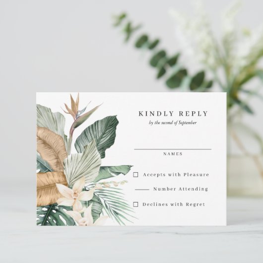 Tropischer Bird of Paradise Flora Hochzeit RSVP Karte (Stehend Vorderseite)